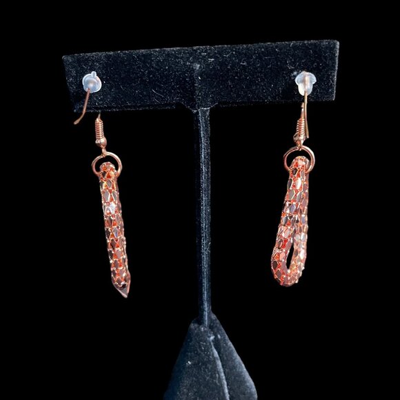 Rose Gold Tone Mesh Lariat Necklace/Hoop Earrings Set Boho Statement Elegant - Picture 2 of 11